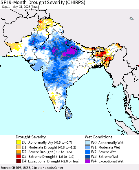 Southern Asia SPI 9-Month Drought Severity (CHIRPS) Thematic Map For 9/1/2022 - 5/31/2023