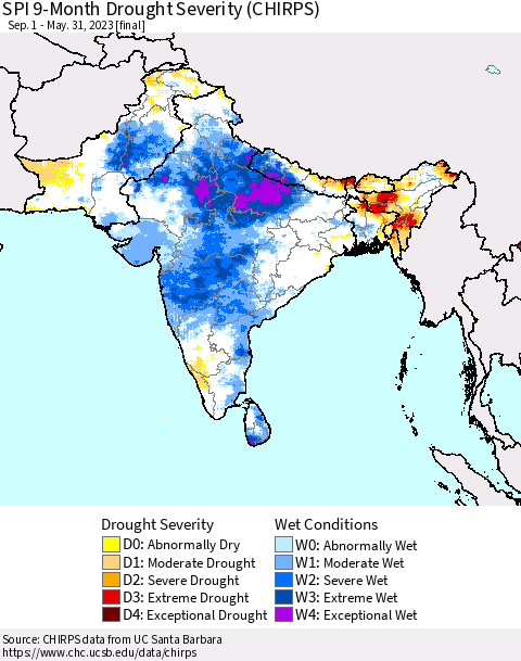 Southern Asia SPI 9-Month Drought Severity (CHIRPS) Thematic Map For 9/1/2022 - 5/31/2023