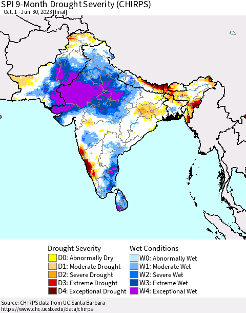 Southern Asia SPI 9-Month Drought Severity (CHIRPS) Thematic Map For 10/1/2022 - 6/30/2023