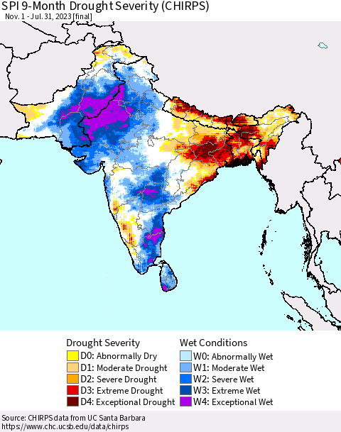 Southern Asia SPI 9-Month Drought Severity (CHIRPS) Thematic Map For 11/1/2022 - 7/31/2023