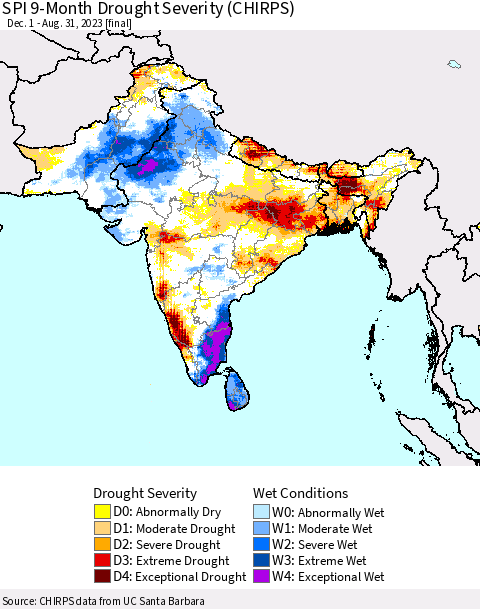 Southern Asia SPI 9-Month Drought Severity (CHIRPS) Thematic Map For 12/1/2022 - 8/31/2023