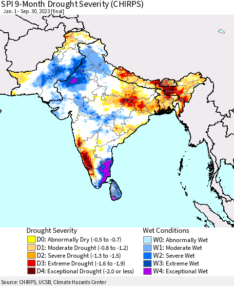 Southern Asia SPI 9-Month Drought Severity (CHIRPS) Thematic Map For 1/1/2023 - 9/30/2023