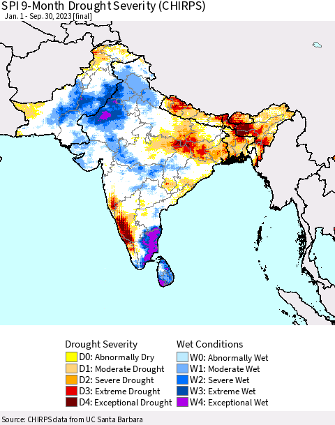Southern Asia SPI 9-Month Drought Severity (CHIRPS) Thematic Map For 1/1/2023 - 9/30/2023