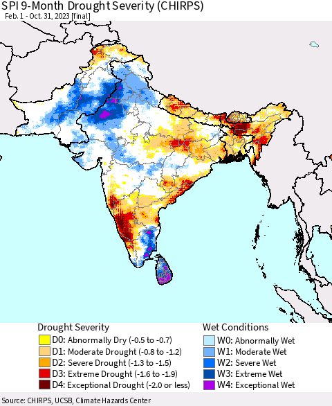 Southern Asia SPI 9-Month Drought Severity (CHIRPS) Thematic Map For 2/1/2023 - 10/31/2023