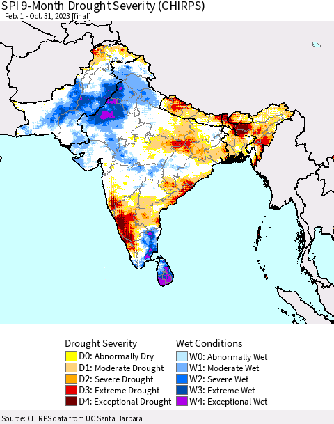 Southern Asia SPI 9-Month Drought Severity (CHIRPS) Thematic Map For 2/1/2023 - 10/31/2023