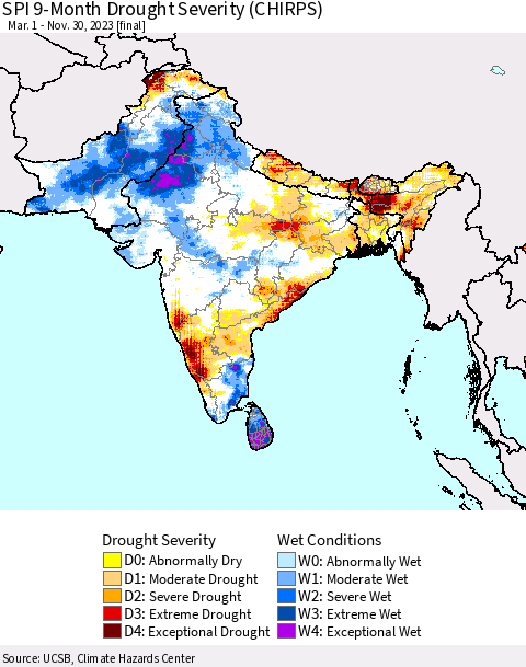 Southern Asia SPI 9-Month Drought Severity (CHIRPS) Thematic Map For 3/1/2023 - 11/30/2023