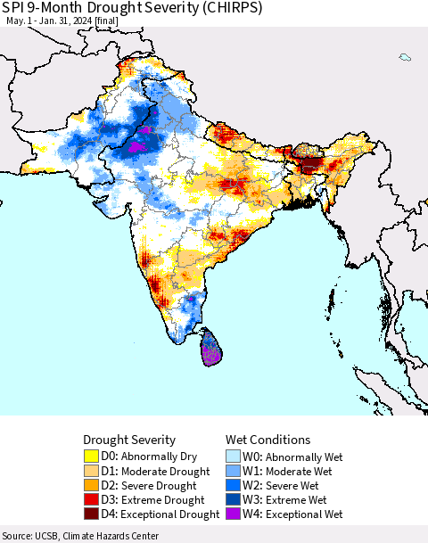 Southern Asia SPI 9-Month Drought Severity (CHIRPS) Thematic Map For 5/1/2023 - 1/31/2024