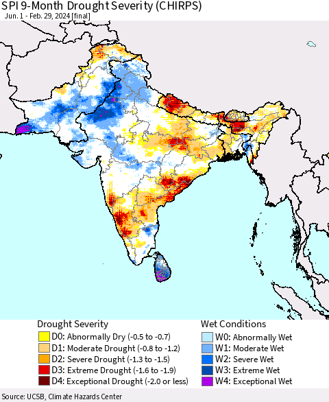 Southern Asia SPI 9-Month Drought Severity (CHIRPS) Thematic Map For 6/1/2023 - 2/29/2024