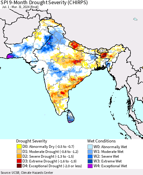 Southern Asia SPI 9-Month Drought Severity (CHIRPS) Thematic Map For 7/1/2023 - 3/31/2024