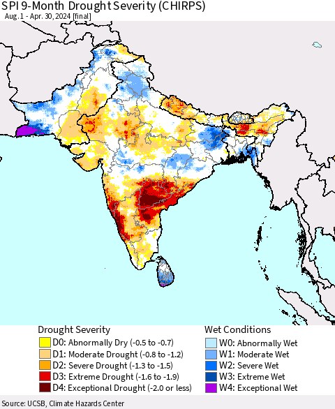 Southern Asia SPI 9-Month Drought Severity (CHIRPS) Thematic Map For 8/1/2023 - 4/30/2024