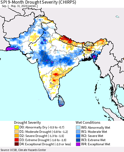 Southern Asia SPI 9-Month Drought Severity (CHIRPS) Thematic Map For 9/1/2023 - 5/31/2024