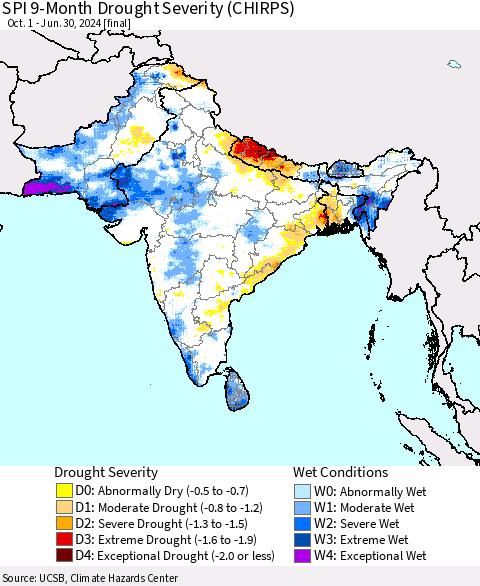 Southern Asia SPI 9-Month Drought Severity (CHIRPS) Thematic Map For 10/1/2023 - 6/30/2024