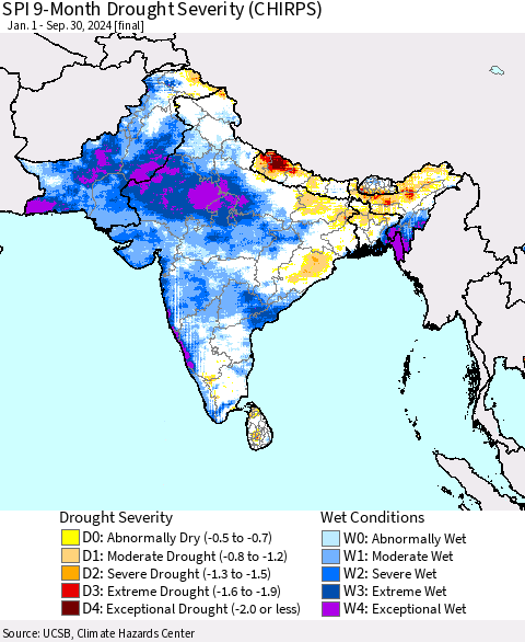 Southern Asia SPI 9-Month Drought Severity (CHIRPS) Thematic Map For 1/1/2024 - 9/30/2024