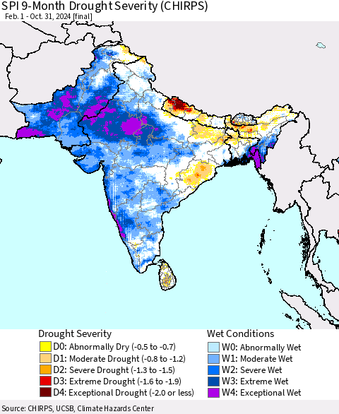 Southern Asia SPI 9-Month Drought Severity (CHIRPS) Thematic Map For 2/1/2024 - 10/31/2024