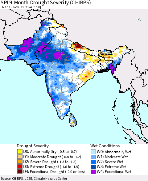 Southern Asia SPI 9-Month Drought Severity (CHIRPS) Thematic Map For 3/1/2024 - 11/30/2024