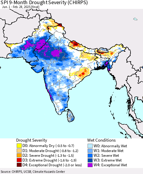 Southern Asia SPI 9-Month Drought Severity (CHIRPS) Thematic Map For 6/1/2024 - 2/28/2025