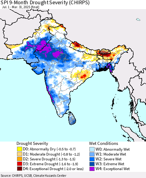 Southern Asia SPI 9-Month Drought Severity (CHIRPS) Thematic Map For 7/1/2024 - 3/31/2025