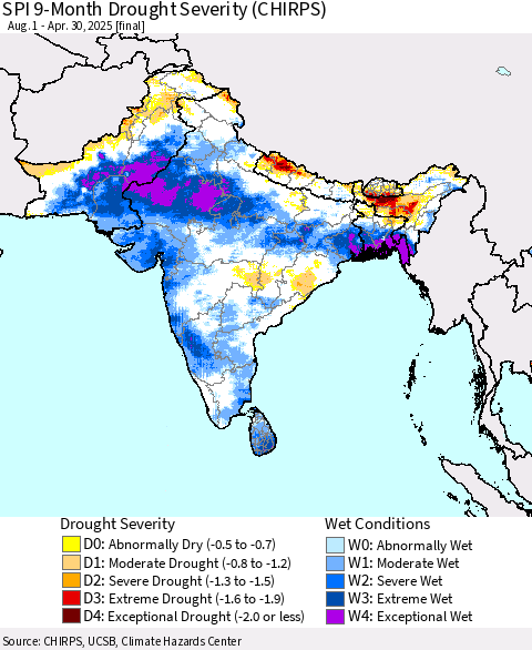 Southern Asia SPI 9-Month Drought Severity (CHIRPS) Thematic Map For 8/1/2024 - 4/30/2025