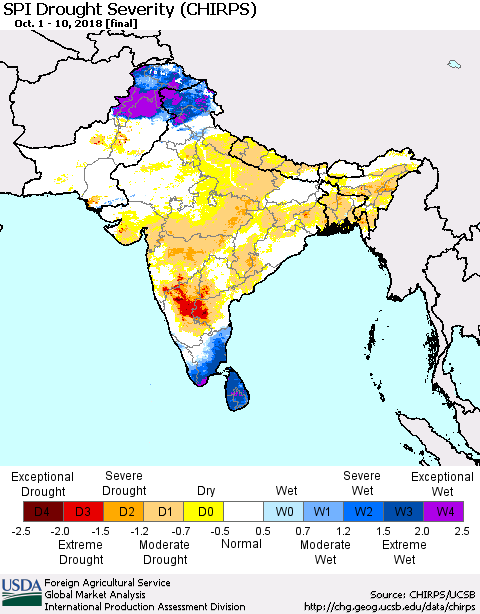Southern Asia SPI Drought Severity (CHIRPS) Thematic Map For 10/1/2018 - 10/10/2018