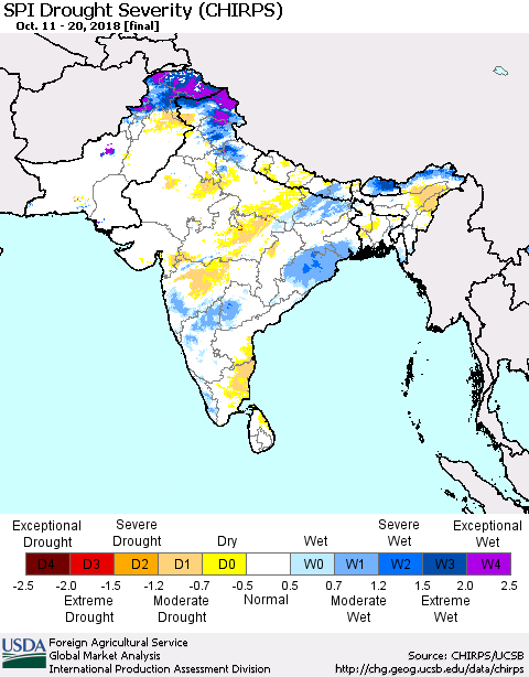 Southern Asia SPI Drought Severity (CHIRPS) Thematic Map For 10/11/2018 - 10/20/2018