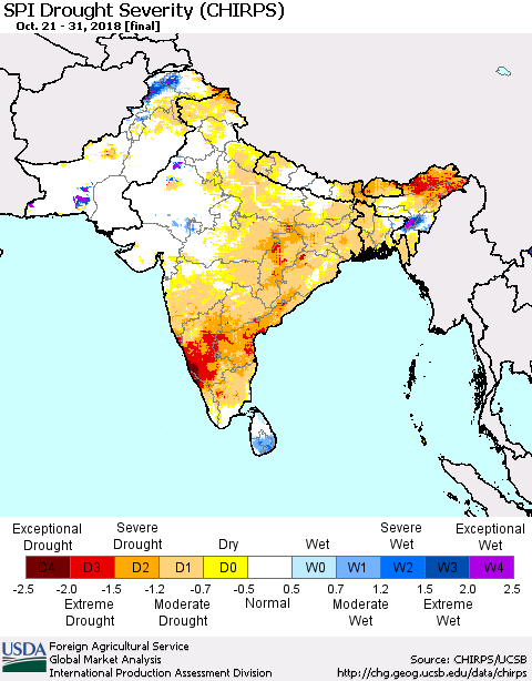 Southern Asia SPI Drought Severity (CHIRPS) Thematic Map For 10/21/2018 - 10/31/2018