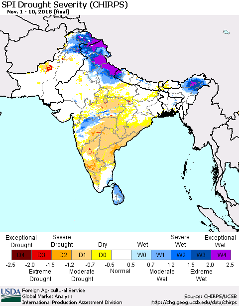 Southern Asia SPI Drought Severity (CHIRPS) Thematic Map For 11/1/2018 - 11/10/2018
