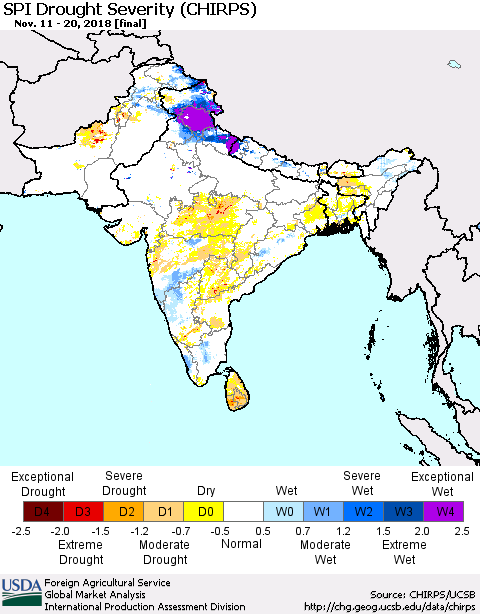 Southern Asia SPI Drought Severity (CHIRPS) Thematic Map For 11/11/2018 - 11/20/2018