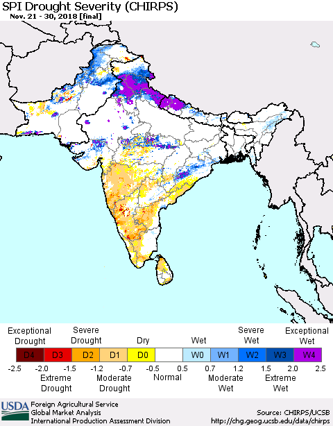 Southern Asia SPI Drought Severity (CHIRPS) Thematic Map For 11/21/2018 - 11/30/2018