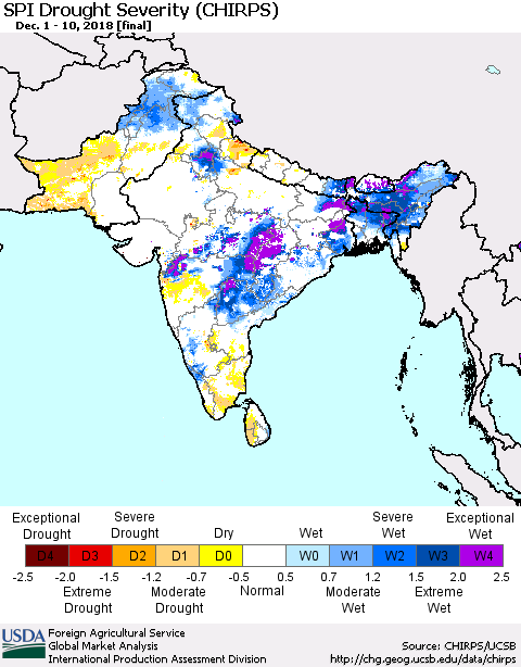 Southern Asia SPI Drought Severity (CHIRPS) Thematic Map For 12/1/2018 - 12/10/2018