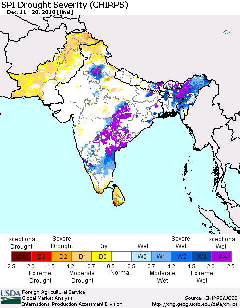 Southern Asia SPI Drought Severity (CHIRPS) Thematic Map For 12/11/2018 - 12/20/2018
