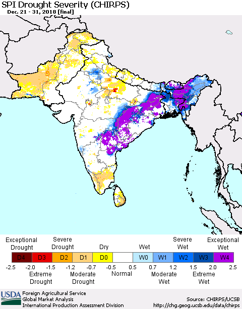 Southern Asia SPI Drought Severity (CHIRPS) Thematic Map For 12/21/2018 - 12/31/2018