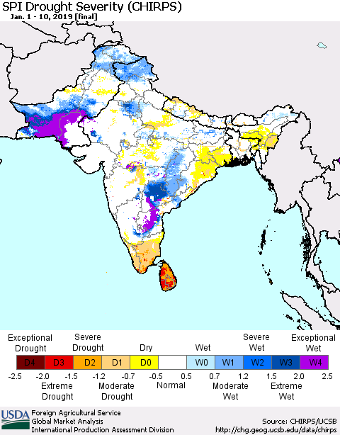 Southern Asia SPI Drought Severity (CHIRPS) Thematic Map For 1/1/2019 - 1/10/2019