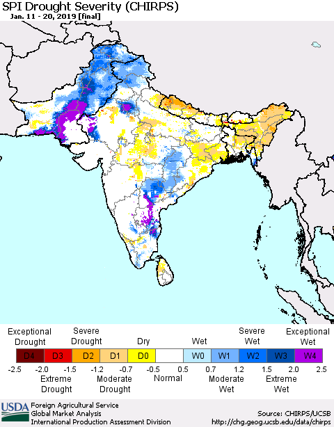 Southern Asia SPI Drought Severity (CHIRPS) Thematic Map For 1/11/2019 - 1/20/2019