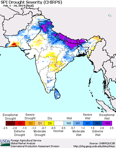 Southern Asia SPI Drought Severity (CHIRPS) Thematic Map For 2/1/2019 - 2/10/2019