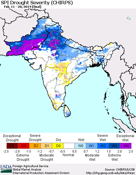 Southern Asia SPI Drought Severity (CHIRPS) Thematic Map For 2/11/2019 - 2/20/2019