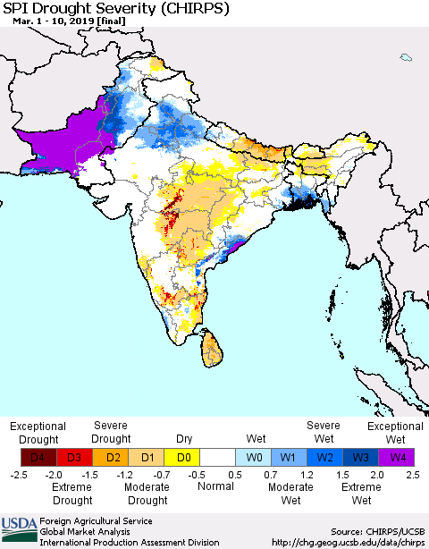 Southern Asia SPI Drought Severity (CHIRPS) Thematic Map For 3/1/2019 - 3/10/2019
