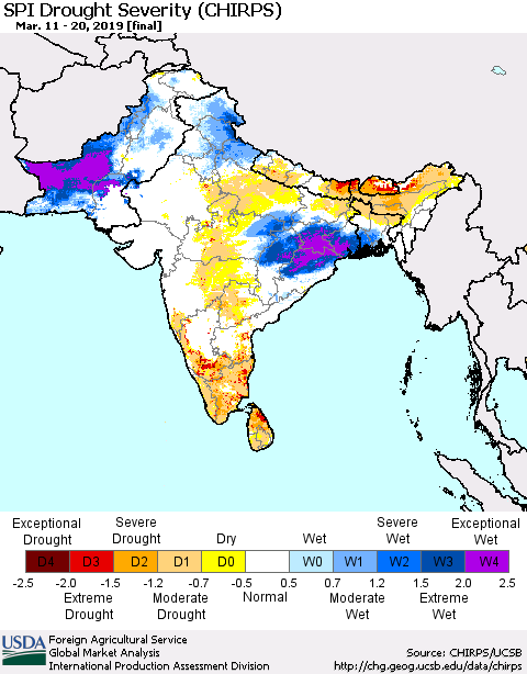 Southern Asia SPI Drought Severity (CHIRPS) Thematic Map For 3/11/2019 - 3/20/2019
