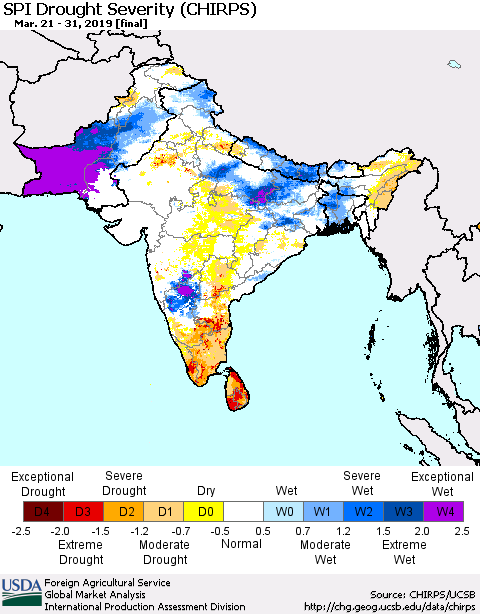 Southern Asia SPI Drought Severity (CHIRPS) Thematic Map For 3/21/2019 - 3/31/2019