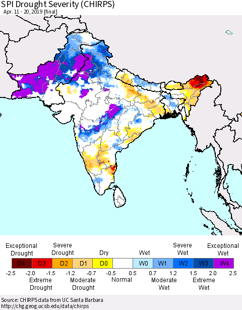 Southern Asia SPI Drought Severity (CHIRPS) Thematic Map For 4/11/2019 - 4/20/2019