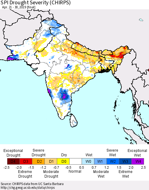 Southern Asia SPI Drought Severity (CHIRPS) Thematic Map For 4/21/2019 - 4/30/2019