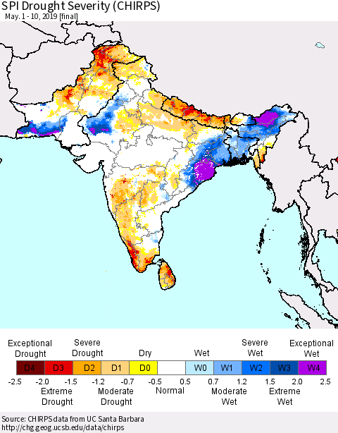 Southern Asia SPI Drought Severity (CHIRPS) Thematic Map For 5/1/2019 - 5/10/2019