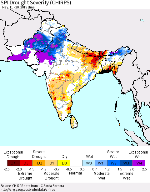 Southern Asia SPI Drought Severity (CHIRPS) Thematic Map For 5/11/2019 - 5/20/2019