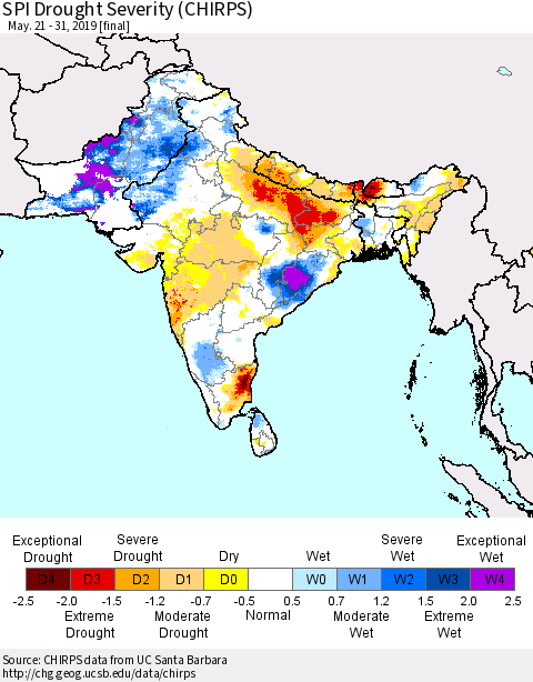 Southern Asia SPI Drought Severity (CHIRPS) Thematic Map For 5/21/2019 - 5/31/2019