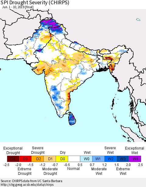 Southern Asia SPI Drought Severity (CHIRPS) Thematic Map For 6/1/2019 - 6/10/2019