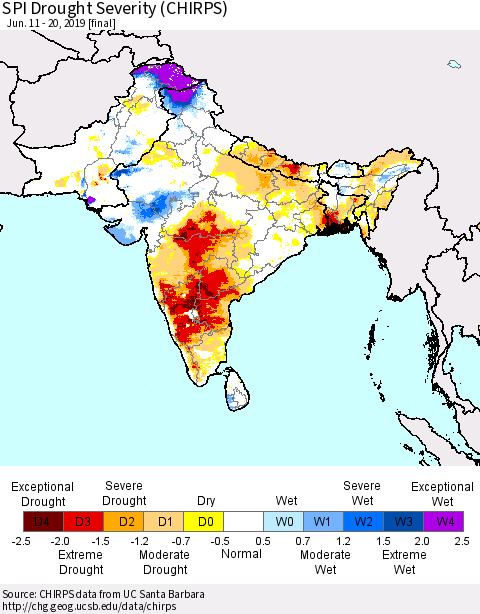 Southern Asia SPI Drought Severity (CHIRPS) Thematic Map For 6/11/2019 - 6/20/2019
