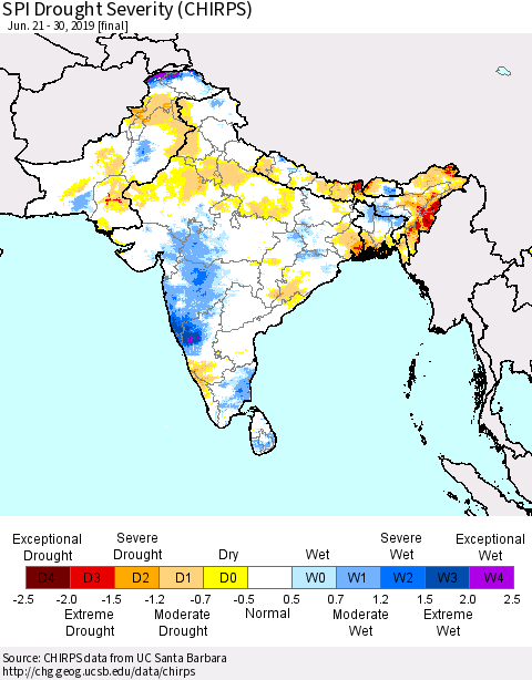 Southern Asia SPI Drought Severity (CHIRPS) Thematic Map For 6/21/2019 - 6/30/2019