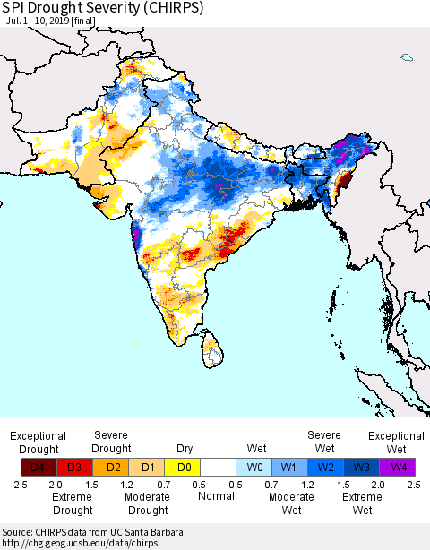 Southern Asia SPI Drought Severity (CHIRPS) Thematic Map For 7/1/2019 - 7/10/2019