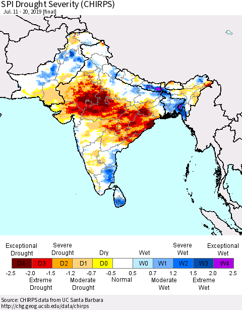 Southern Asia SPI Drought Severity (CHIRPS) Thematic Map For 7/11/2019 - 7/20/2019