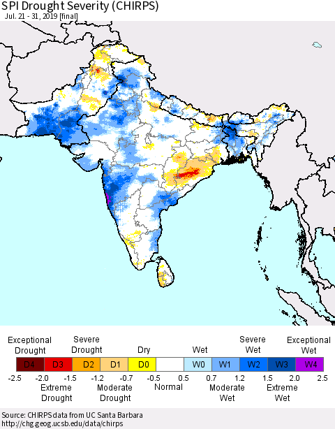 Southern Asia SPI Drought Severity (CHIRPS) Thematic Map For 7/21/2019 - 7/31/2019