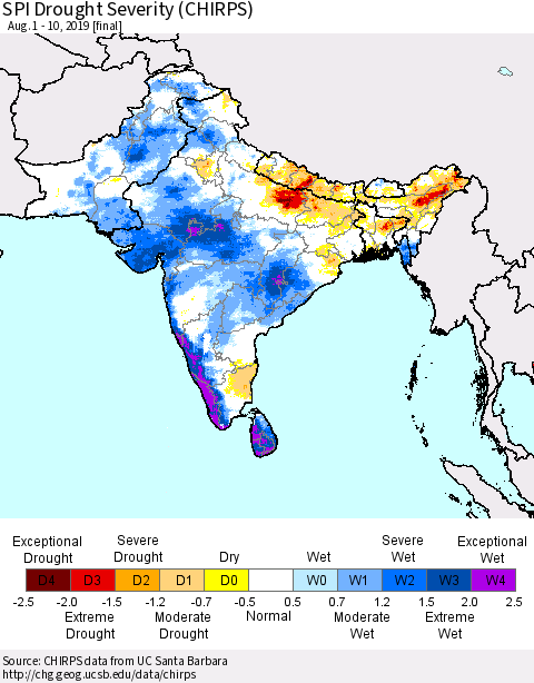 Southern Asia SPI Drought Severity (CHIRPS) Thematic Map For 8/1/2019 - 8/10/2019